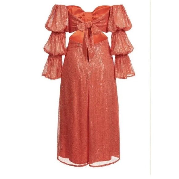 ALAMOUR THE LABEL Dress L NWT Dilara Orange Sequin Cutout Off Shoulder Midi - Picture 4 of 8